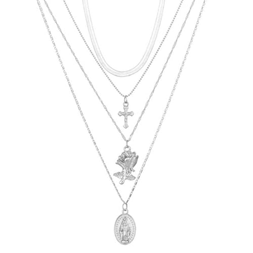 Geschichtet Damen Halskette Silber Kreuz Rose Minze von LGT JWLS