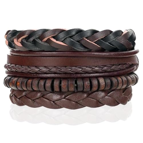 Herren Armbänder Set Geflochtenes Leder Perlen Braun von LGT JWLS