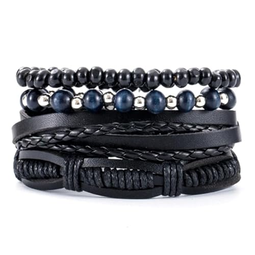 Herren Armbänder Set Schwarz Leder blau Perlen von LGT JWLS