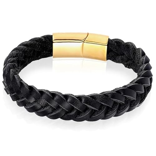 Herren Armband LGT Jewels Geflochtenes Leder Edelstahl Schwarz Goldfarben-19cm von LGT JWLS