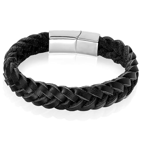 Herren Armband LGT Jewels Geflochtenes Leder Edelstahl Schwarz Silber-23cm von LGT JWLS
