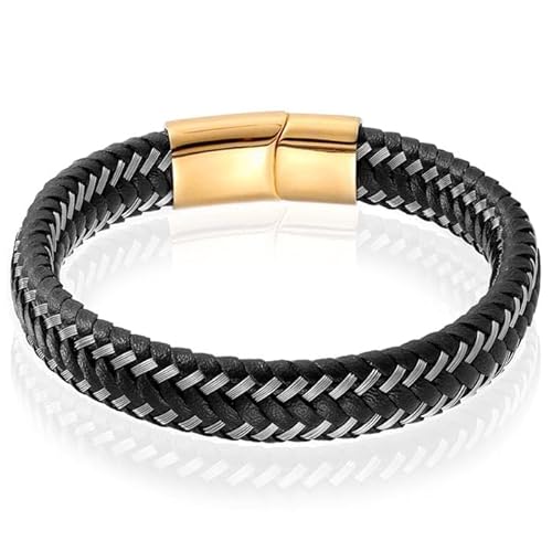 Herren Armband Leder Edelstahl LGT Jewels Gold Schwarz - 21cm von LGT JWLS