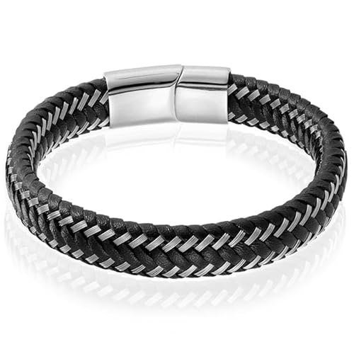 Herren Armband Leder Edelstahl LGT Jewels Silber Schwarz - 21cm von LGT JWLS