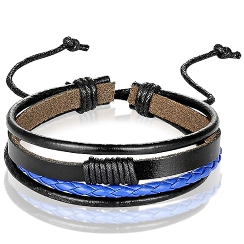 Herren Armband Leder Schwarz Blau Einstellbare Seil Multi Armband von LGT JWLS