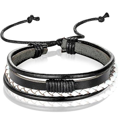 Herren Armband Leder Schwarz Weiß Verstellbares Seil Multi Armband von LGT JWLS