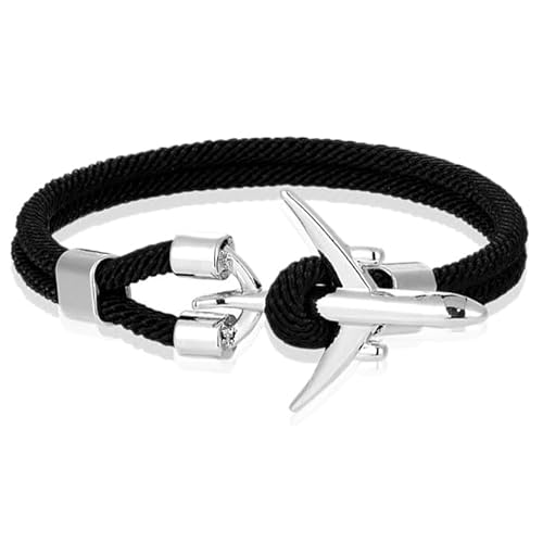 Herren Armband Paracord Flugzeug Anker Silber Schwarz - 19cm von LGT JWLS