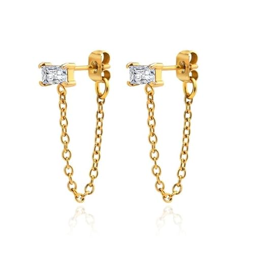 LGT JWLS Damen Ohrringe - Goldfarbener Edelstahl mit transparentem Zirkonia, Knopf und Kette von LGT JWLS