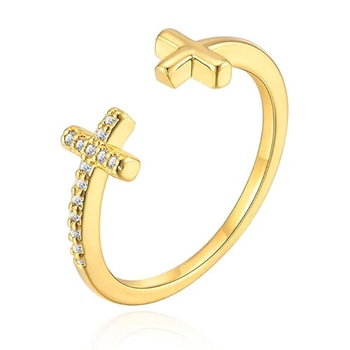LGT JWLS Verstellbarer Damenring aus Metall mit vergoldeter Oberfläche und Zirkonia Kreuz von LGT JWLS