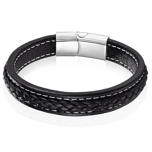 LGT Jewels Herren Armband Schwarz Leder Stitched Edelstahl Verschluss-23cm von LGT JWLS