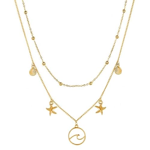 Multi Layer Damen Halskette Ocean Shell Starfish Gold von LGT JWLS