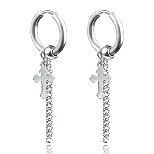 Silberfarbene Herren Ohrringe Stahl Halskette und gotisches Kreuz von LGT JWLS