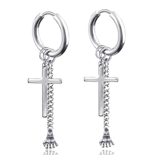 Stahl Ohrringe Herren Silber Stahl Kette und Kreuz von LGT JWLS