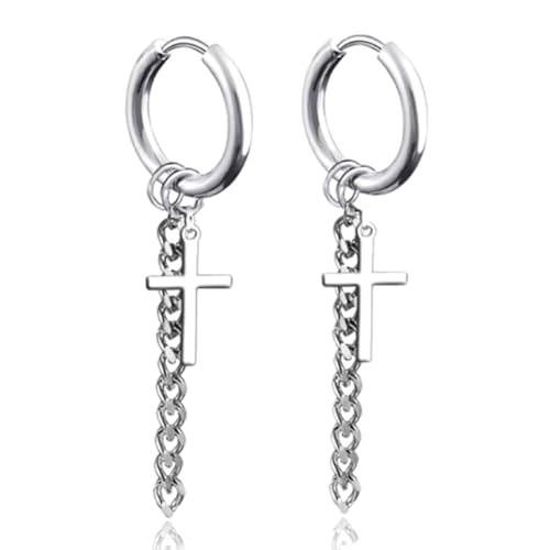 Stahl Ohrringe Herren Silber mit Kette und Kreuz von LGT JWLS