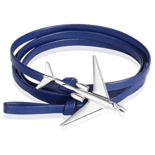 Wickelarmband Herren Leder Flugzeug Anker Blau Silber von LGT JWLS