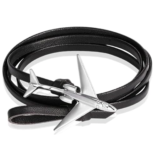 Wickelarmband Herren Leder Flugzeug Anker Schwarz Silber von LGT JWLS
