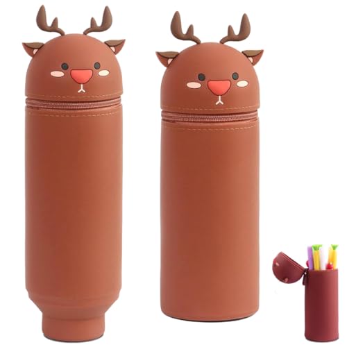 LGWJHCY Telescopic Pencil Case 2 In 1 Soft Silicone Kawaii Deer Desktop Pen Holder Zipper Closure Storage Bag Pencil Bag Pencil Cases for Kids Adults von LGWJHCY