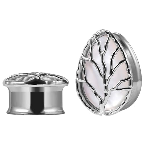 LGXLGX 2 Stück Tränenförmige Perlenmuschel Ohr-Gauges Satteltunnel Doppelflared Stopfen Lebensbaum Elegante Edelstahl Expander Stretcher Ohrringe für Frauen Maße(Silver,8mm) von LGXLGX