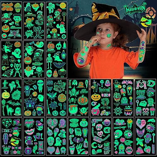 20 Blatt Halloween Tattoo Kinder, Halloween Leuchtend Temporäre Tattoos, Wasserdichte Halloween Temporäre Tattoos, Niedliche Kürbis/Skelett/Geister Tattoos, Halloween Party Mitgebsel Kinder von LGZIN