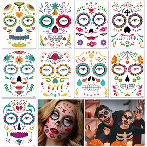 9 Blatt Halloween Gesichtstattoo, Tag der Tote Tattoos, Halloween Gesicht temporäre Tattoos, Gesicht Abziehbilder, Totenkopf Gesichtstattoo, für Halloween, Maskerade,Cosplay Party von LGZIN