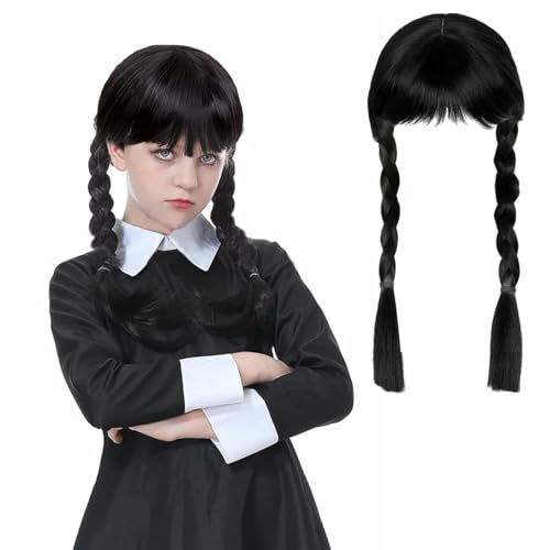 Adda-ms Perücke für Kinder Damen, Schwarze Geflochtene Perücken, Adda-ms Cosplay Perücke, Perücken Zopf für Frauen, Mittwoch Kostüm Cosplay für Party Fasching Karneval Halloween von LGZIN