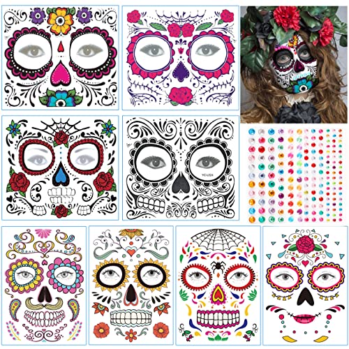 Halloween Gesicht Tattoos, Tag der Tote Tattoos, 8 Blätter Totenkopf Gesicht Tattoo mit 1 Glitzersteine Aufkleber, Tag der Toten Make-up Aufkleber für Halloween Maskerade Fasching Party von LGZIN