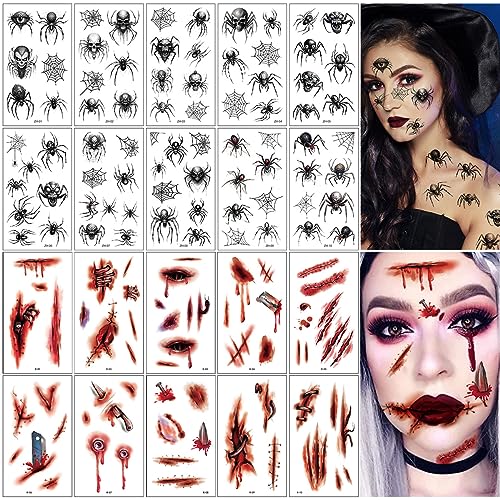 Halloween Spinnen Temporäre Tattoos, Tattoos Halloween Wunden, 20 Blatt Klebetattoos zu Halloween mit Schwarz Spinne und Narben, Spinnennetze Gesicht Tattoos Aufkleber für Halloween Cosplay Party von LGZIN