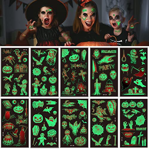 Halloween Tattoos für Kinder, 10 Blatt Halloween Leuchtende Tattoo Aufkleber für Kinder, Halloween Kindertattoos Halloween Karneval Cosplay Deko Mitgebsel, Kürbis Hexen Fledermaus Geist (WY) von LGZIN