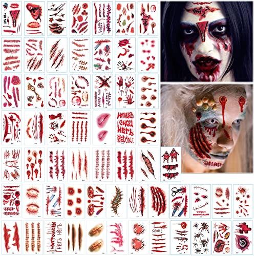 Halloween Temporäre Tattoo, Halloween Zombie Narben Tattoos Aufkleber, 60 Blatt Halloween Tattoo Narben, Wunden Tattoo Aufkleber mit Scar Blut Kratzer für Halloween Kostüm Makeup von LGZIN