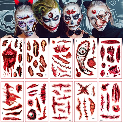 Halloween Temporäre Tattoos, 10 Blatt Halloween Narben Tattoo, Gefälschte Halloween wunden, Halloween Blut Sticker Tattoo Aufkleber, Zombie Tattoo, für Halloween, Party, Cosplay Dekoration von LGZIN