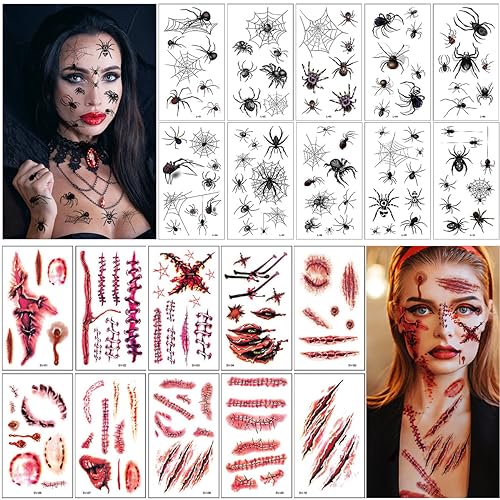 20 Blatt Halloween Temporäres Tattoo, Realistisch Spinne und Narben Wunden Tattoo, Halloween Vampir Tattoo Gesicht, Halloween Narben Zombie Vampir Tattoo, Halloween Party Deko Cosplay Zubehör von LGZIN