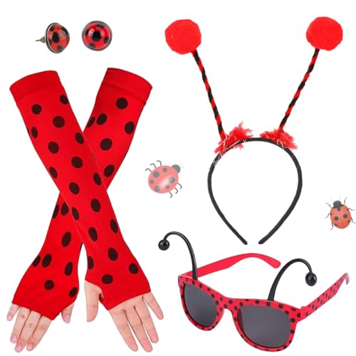 LGZIN 4 Stück Marienkäfer Kostüm Damen, Marienkäfer Costume Kit mit Haarreif Long Glove Brille Ohrstecker, Marienkäfer kostüm Erwachsene Set, Faschingskostüme Damen Marienkäfer, Karneval Kostüm Damen von LGZIN