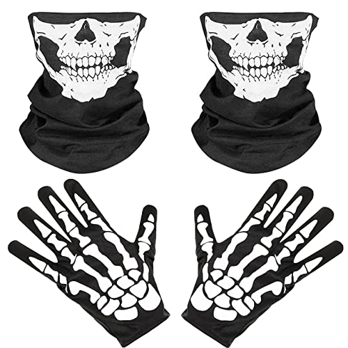 LGZIN Halloween Skelett Handschuhe, 2 Stück Motorrad Totenkopf Maske, 1 Paar Skelett Handschuhe Schwarz, Skelett Maske, Weiße Skelett Handschuhe Set, Für Halloween, Party Kostüm, Outdoor Aktivitäten von LGZIN