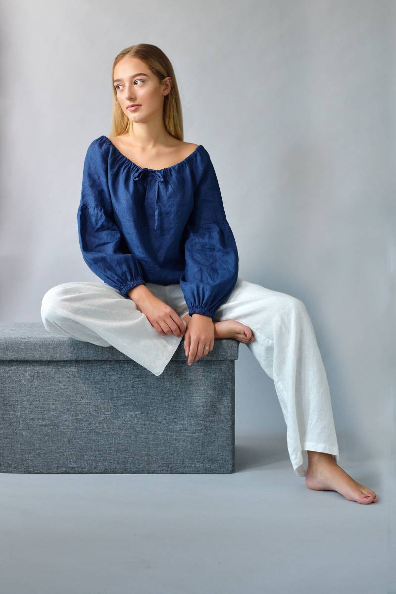 Leinen Bluse Bauer Langarm/Oversize Damenhemd Navy Bio Top Langärmelig Für Abende von LGlinen