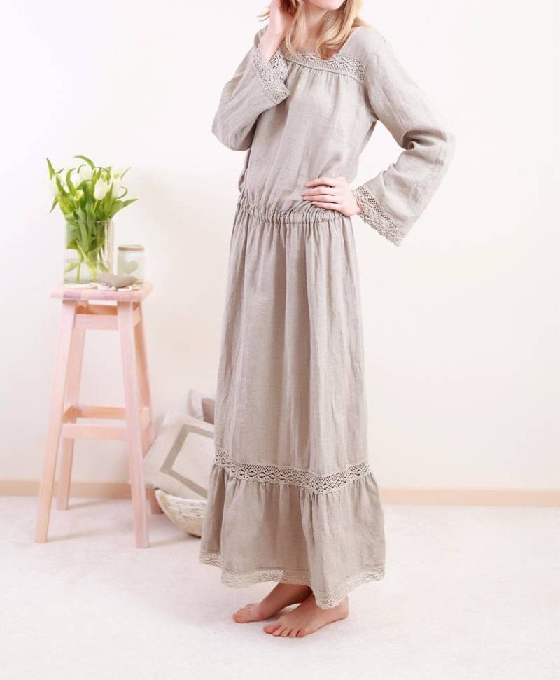 Leinen Kleid Boho/Hippie Geschnürt Langes Weicher Stoff Atmungs Sommerkleid Urlaub Outfits von LGlinen