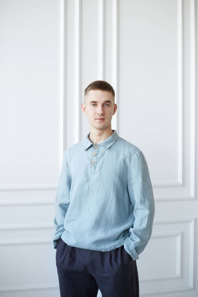 Leinen Poloshirt Mit Langen Ärmeln. Männer Urlaubs T-Shirt. Handgemachtes Top von LGlinen