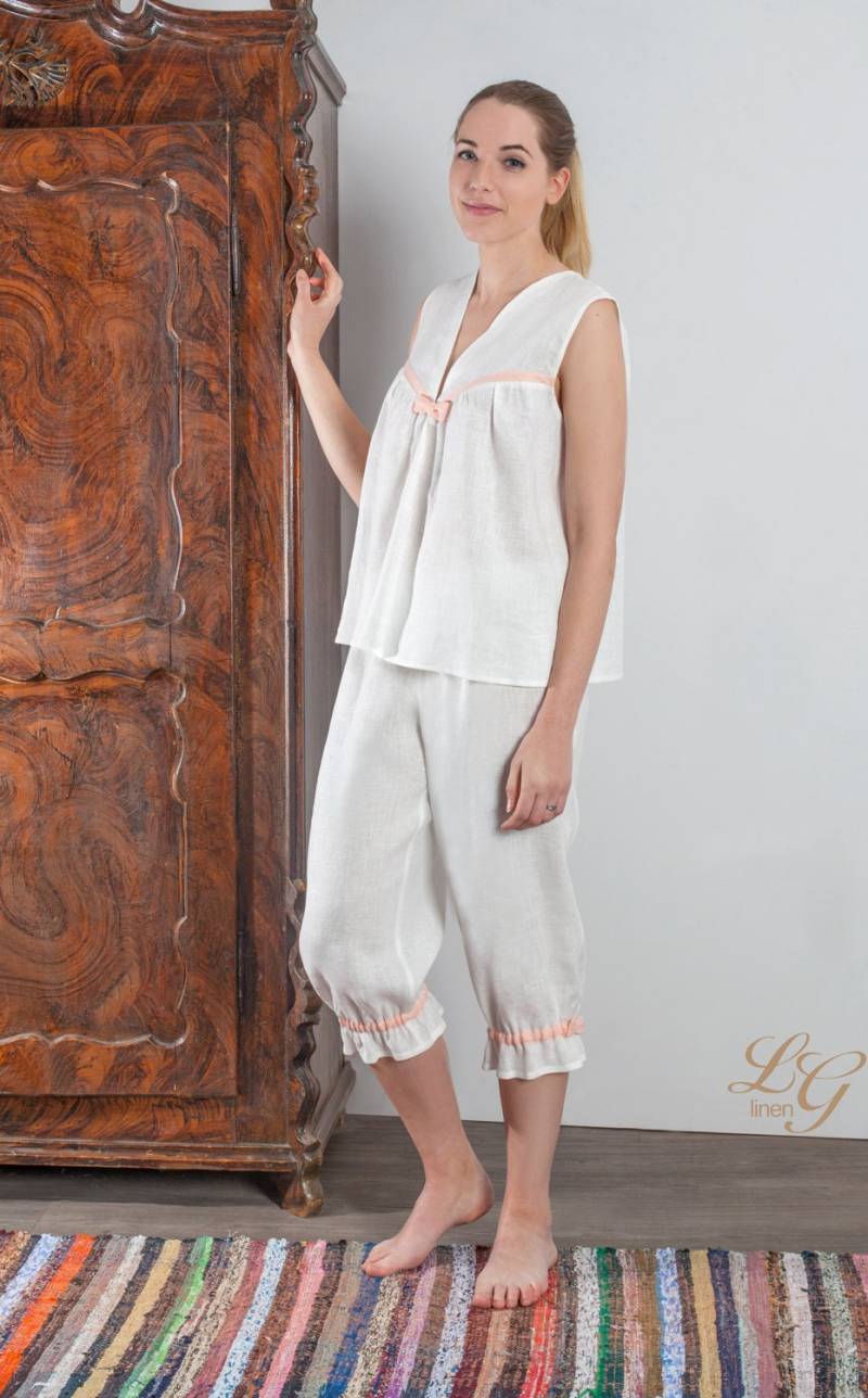 Leinen Pyjama Set Baby Doll Mit Kontrast Bindung/Nachtwäsche Für Frauen Luxus Strand von LGlinen