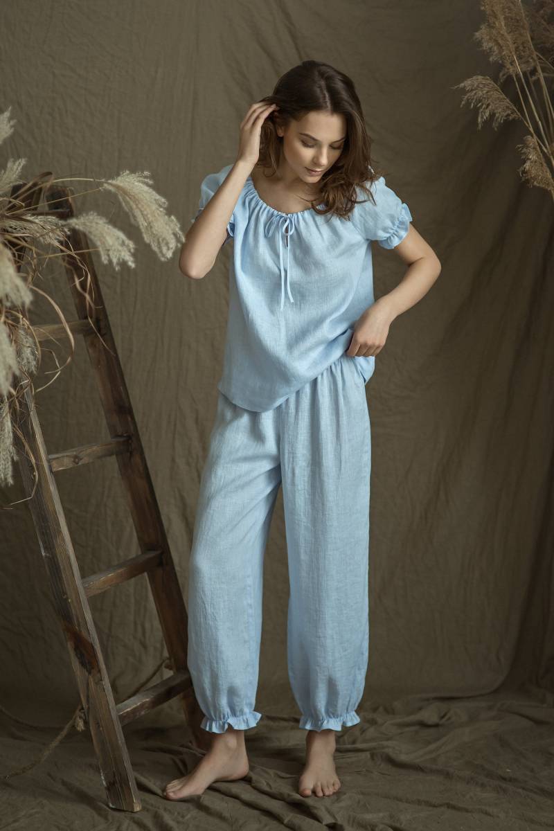 Leinen Pyjama Set Flora Rüschen Bloomer, Bauern Top Loungewear von LGlinen