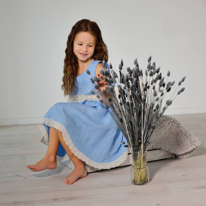 Blaues Leinen Spitzenkleid Mädchen - Sommer Kinderkleidung von LGlinen