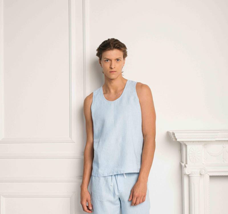 Blaues Leinen Tank Top Für Männer Ärmellose Weste Freddie Mit Rundhalsausschnitt von LGlinen