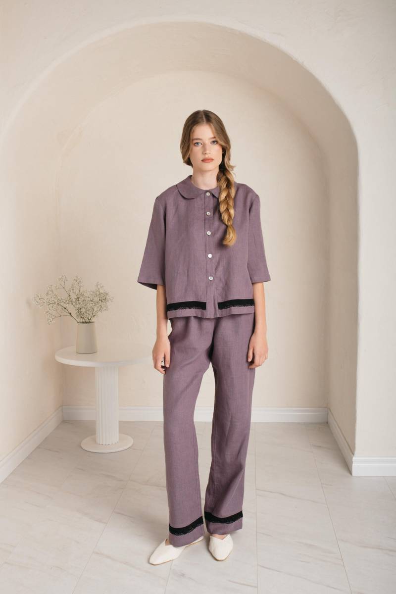 Leinen Pyjama Set Damen Lounge Wear Mit Baumwollspitze von LGlinen