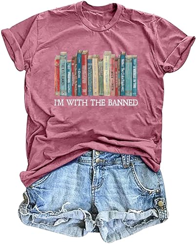 Banned Books T-Shirts für Damen, Aufschrift "I'm with The Banned Shirts", Geschenk für Buchliebhaber, legere Bibliothekar-Tops, Pink, X-Groß von LHBNK
