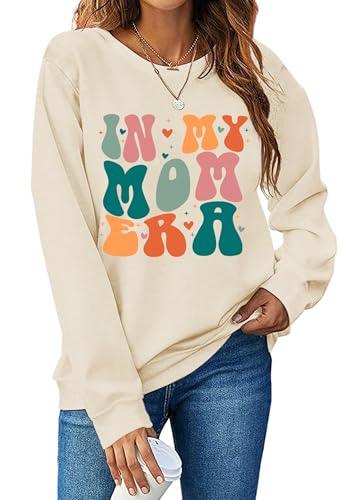 LHBNK In My Mom Era Sweatshirt Damen Mama Sweatshirt Mom Life Pullover Tops Casual Langarm Bluse, Beige, M von LHBNK