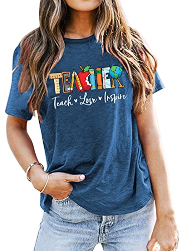 Teach T-Shirt für Damen, Lehrer-Grafik-T-Shirts, Tops, Teach Inspire, Buchstabendruck, Shirts Tops, Blau-2, Groß Teach T-Shirt für Damen, Lehrer-Grafik-T-Shirts, Tops, Teach Inspire, Buchstabendruck, Shirts Tops, Blau-2, Groß von LHBNK