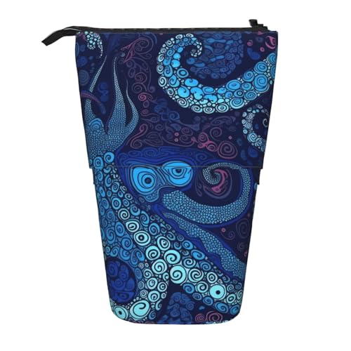 LHBWCVN Blaue Oktopus-Kosmetiktasche, Stehendes Federmäppchen, Teleskop-Bleistifttasche, tragbarer Stifthalter, niedlicher Stand-up-Bleistiftbeutel für Damen und Herren, Reise-Münztasche, Geldbörse von LHBWCVN