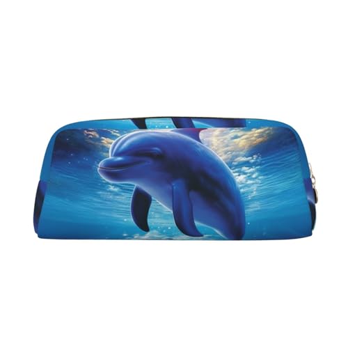 LHBWCVN Federmäppchen mit süßem Delfin-Design, großes Fassungsvermögen, ästhetisches Stifteetui, Leder, Make-up-Tasche für Damen und Herren, Reise-Kulturbeutel, Reißverschluss, Kosmetiktasche, weit von LHBWCVN