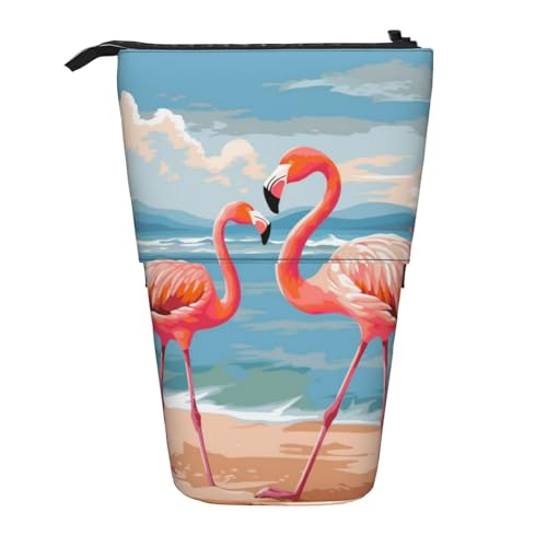 LHBWCVN Flamingo Strand-Kosmetiktasche, Stehendes Federmäppchen, Teleskop-Bleistifttasche, tragbarer Stifthalter, niedliches Stand-up-Bleistiftetui für Damen und Herren, Reise-Münztasche, Geldbörse von LHBWCVN