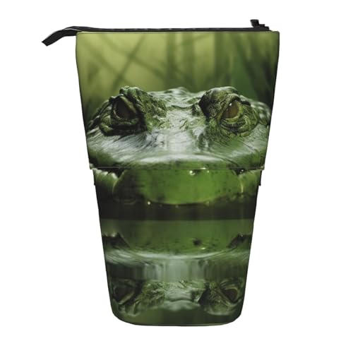 LHBWCVN Gator lauernde grüne Kosmetiktasche, Stehendes Federmäppchen, Teleskop-Bleistifttasche, tragbarer Stifthalter, niedlicher Stand-up-Bleistiftbeutel für Damen und Herren, Reise-Münztasche von LHBWCVN