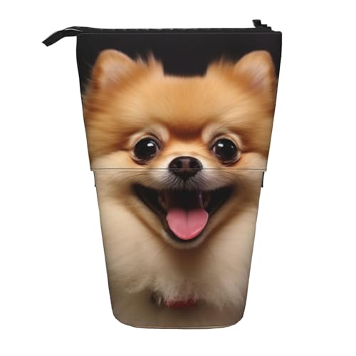 LHBWCVN Happy Kosmetiktasche mit kurzhaarigem Zwergspitz, stehend, Teleskop-Federmäppchen, tragbarer Stifthalter, niedliches Stand-up-Bleistiftetui für Damen und Herren, Reise-Münztasche, Geldbörse von LHBWCVN