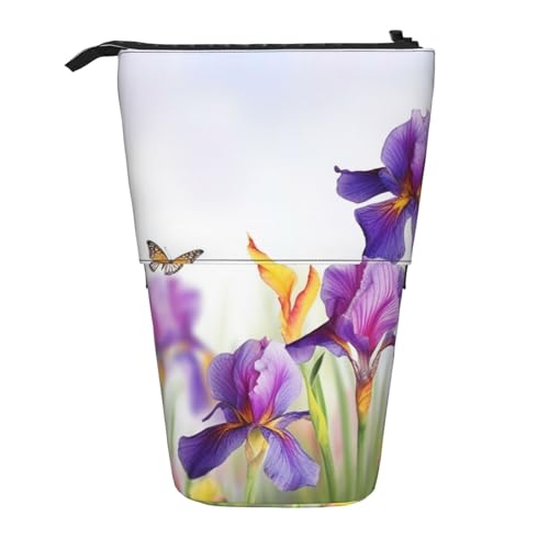 LHBWCVN Iris Kosmetiktasche mit Blumen- und Schmetterlings-Motiv, Stehendes Federmäppchen, Teleskop-Bleistifttasche, tragbarer Stifthalter, niedlicher Stand-up-Bleistiftbeutel für Damen und Herren von LHBWCVN
