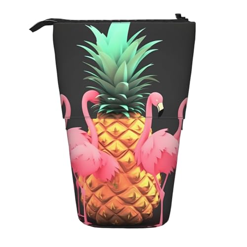 LHBWCVN Kosmetiktasche mit Ananas-Flamingos-Motiv, stehend, Teleskop-Federtasche, tragbarer Stifthalter, niedliches Stand-up-Bleistiftetui für Damen und Herren, Reise-Münztasche, Geldbörse von LHBWCVN